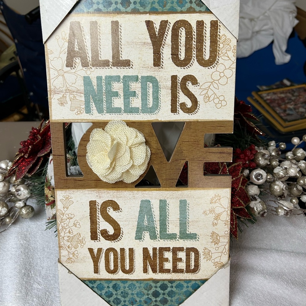 All You Need Is Love Wooden Sign - Cream & Teal Accents